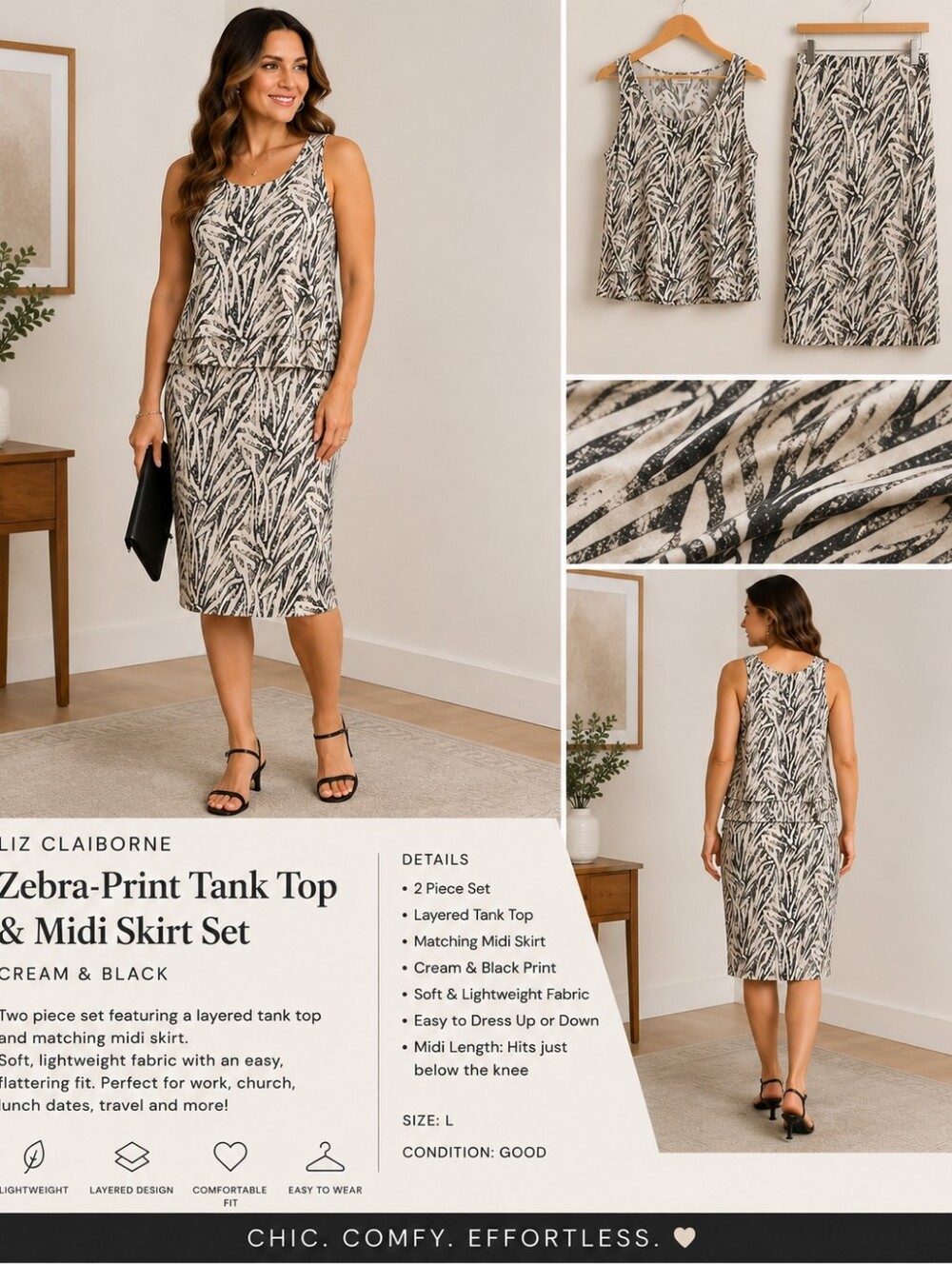 Liz Claiborne Zebra Print 2 Piece Tank Top & Midi Skirt Set Size L